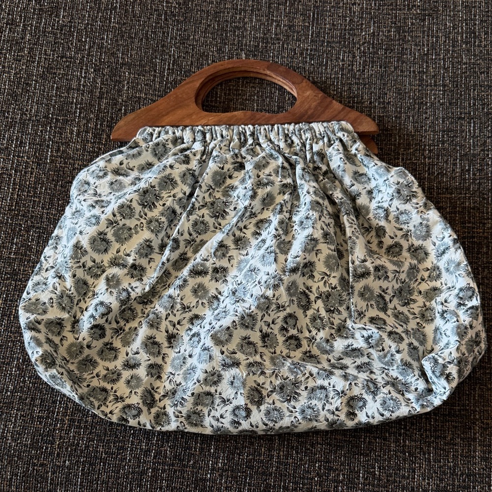 LoveShackFancy Black and White Floral Tote with Wooden Handle